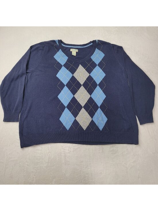 Caribbean Joe Sweaters - Caribbean Joe Women's Blue Argyle  V-Neck Long Sleeve Sweater Size 2X